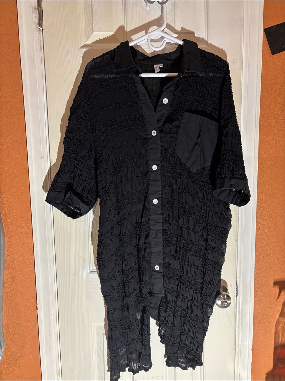 Black Textured Button-Up Tunic with Pocket